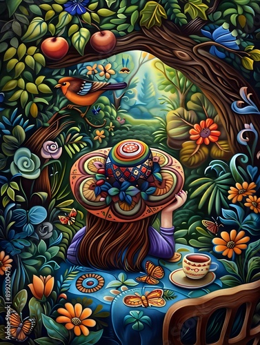 Wallpaper Mural Magical Girl Enjoying Tea Amidst Enchanted Forest Landscape with Birds and Butterflies Torontodigital.ca