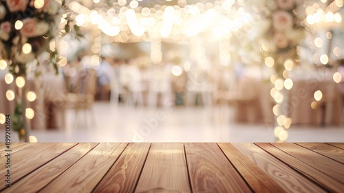 Wooden Table with Blurred Wedding Background