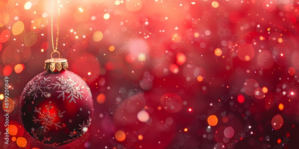 Festive Christmas ornament hanging with sparkling lights, red and gold bokeh background, holiday decoration concept Festive Christmas ornament hanging with sparkling lights, red and gold bokeh background, holiday decoration concept