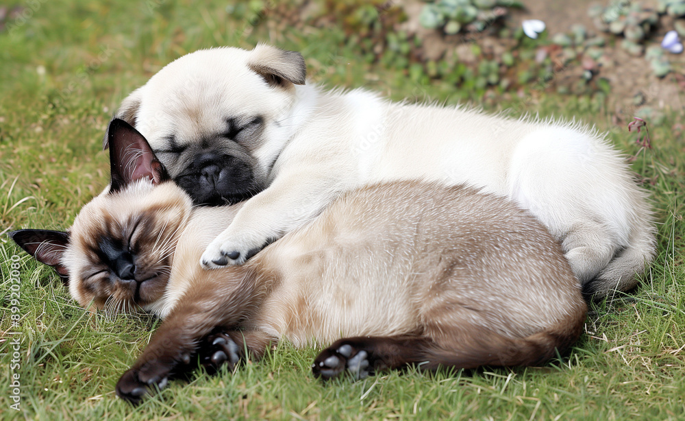 Pug and Siamese cat taking a nap generated by AI Pug and Siamese cat taking a nap generated by AI