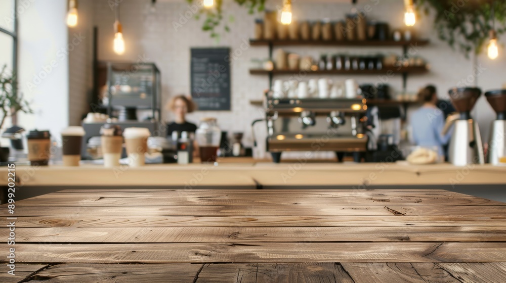 Wooden Table in a Cozy Coffee Shop Wooden Table in a Cozy Coffee Shop