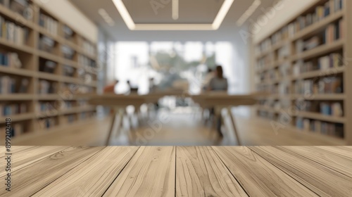 Wooden Tabletop in a Modern Library Setting