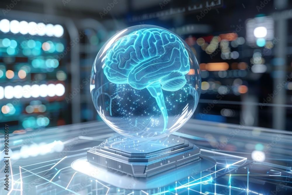 Brain hologram in digital lab futuristic intelligence tech exploration illuminated circuits modern brain research Brain hologram in digital lab futuristic intelligence tech exploration illuminated circuits modern brain research