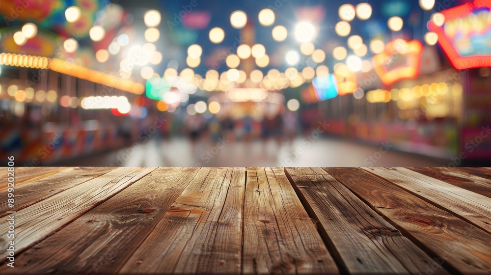 Wooden Table with Blurred Amusement Park Background Wooden Table with Blurred Amusement Park Background