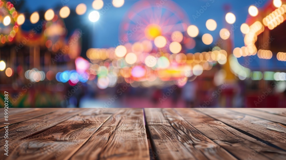 Wooden Table with Blurred Amusement Park Lights at Night Wooden Table with Blurred Amusement Park Lights at Night