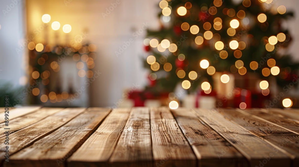 Rustic Wooden Table with Blurred Christmas Tree Background Rustic Wooden Table with Blurred Christmas Tree Background