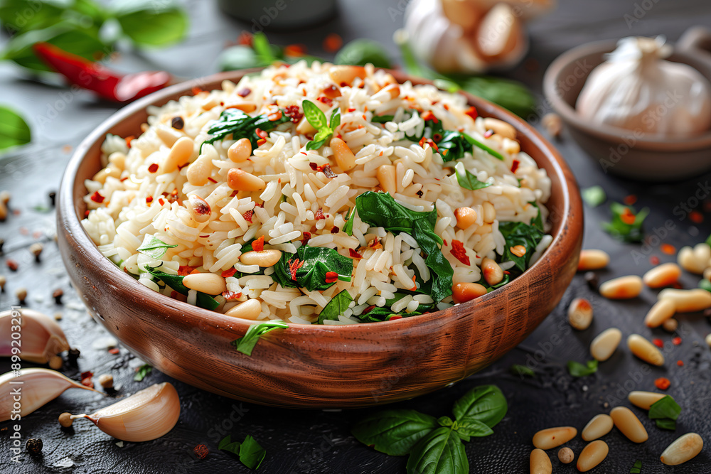 Spinach and Pine Nut Pilaf cooked with toasted pine nuts, spinach, onions, garlic, and vegetable broth. Spinach and Pine Nut Pilaf cooked with toasted pine nuts, spinach, onions, garlic, and vegetable broth.