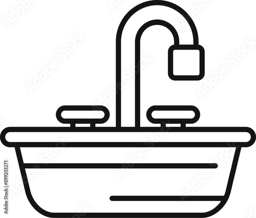 Simple line art drawing of a kitchen sink with a tap and handles