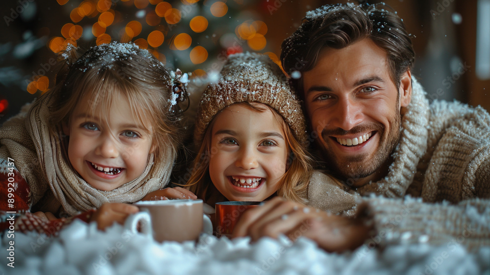 Cozy family of four, enjoying hot chocolate and a board game.generative ai Cozy family of four, enjoying hot chocolate and a board game.generative ai