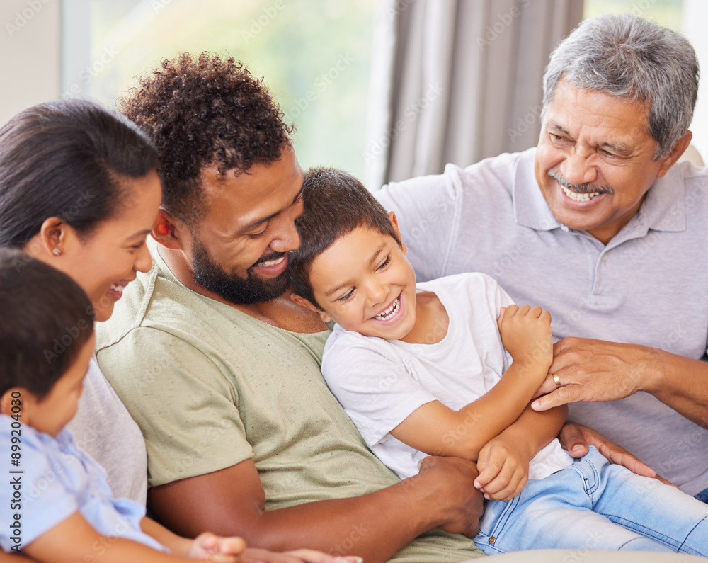 Parents, family fun and kids with home, grandparents and bonding together in lounge with smile. Care, love and support with generations, happy people and young boys on living room sofa with laugh Parents, family fun and kids with home, grandparents and bonding together in lounge with smile. Care, love and support with generations, happy people and young boys on living room sofa with laugh