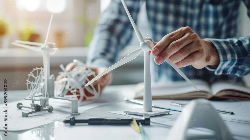 Fototapeta premium A man is working on a model of a wind turbine
