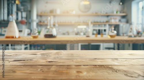 Wooden Table Top with Blurred Kitchen Background