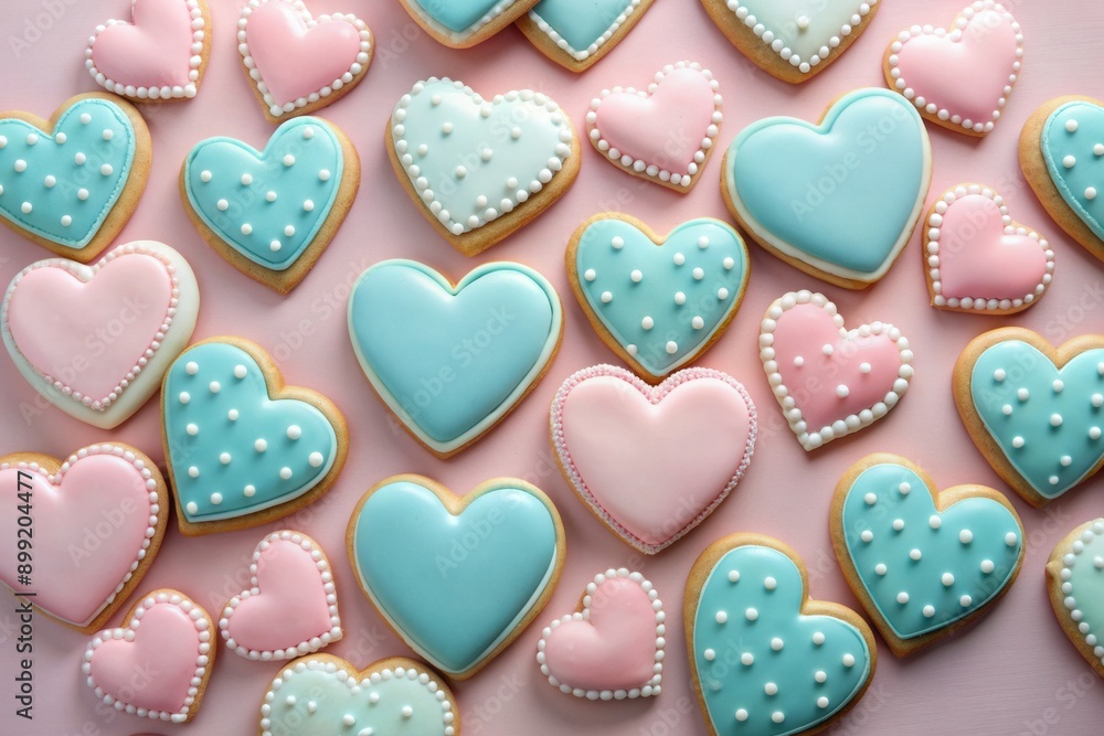 Obraz premium Whimsical arrangement of heart-shaped cookies in soft pink, baby blue, and creamy white on a delicate pastel pink background, perfect for Valentine's celebration.
