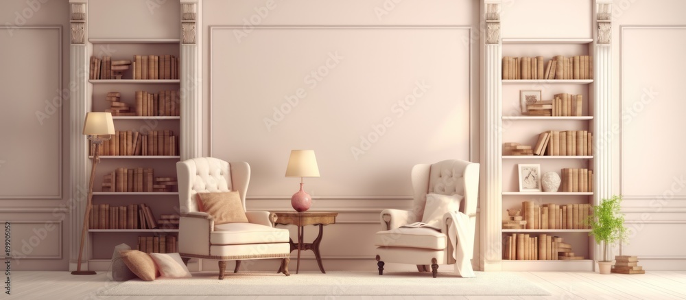 Elegant Living Room with Armchairs and Bookshelves Elegant Living Room with Armchairs and Bookshelves