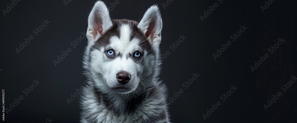 Beautiful blue-eyed Siberian Husky puppy on a black background. Funny dog a?'a?'portrait in the studio. Beautiful blue-eyed Siberian Husky puppy on a black background. Funny dog a?'a?'portrait in the studio.