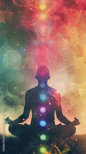 illustration of a chakra and aura vibrant color shown on a person on a solid background. generative ai photo