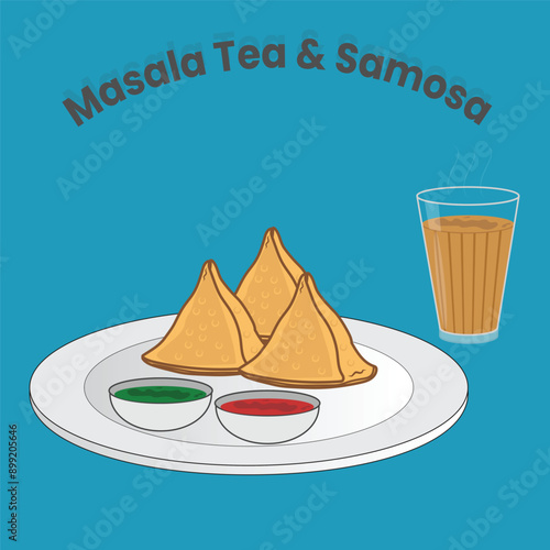 Indian breakfast samosa and tea vector illustration