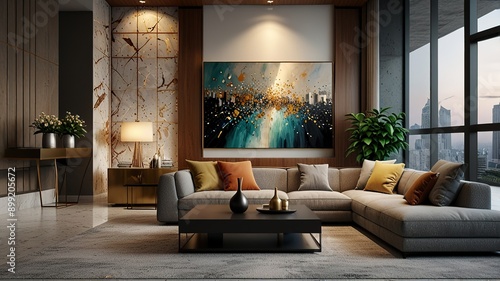 Modern style luxury interior with city view 3d render, There are terrazzo floor decorated wall with hidden light
