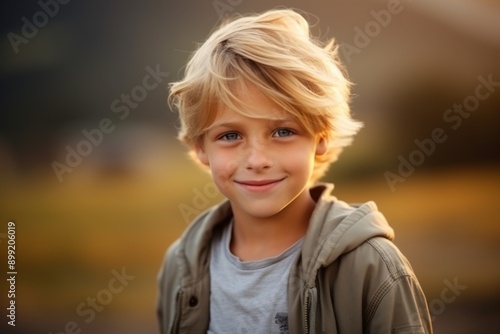 A young boy with blond hair smiles warmly, standing outdoors with a soft golden sunlight illuminating his face.