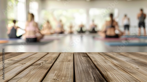 Wallpaper Mural Wooden Table Mockup with Blurry Yoga Class Background Torontodigital.ca