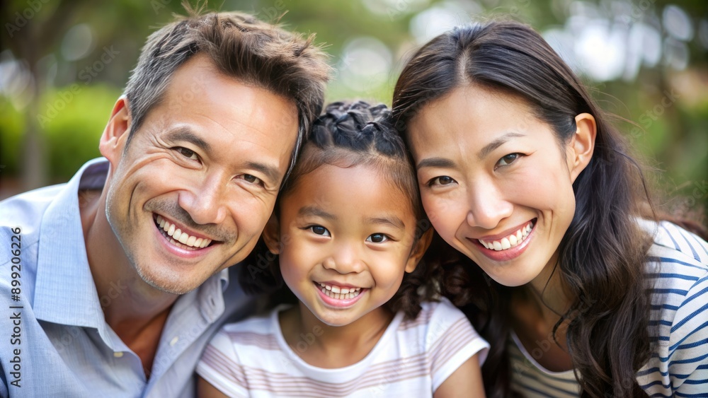 Casual close-up portrait of mixed-race family of white father, asian mother, and biracial daughter. All are looking at the camera and smiling. Casual close-up portrait of mixed-race family of white father, asian mother, and biracial daughter. All are looking at the camera and smiling.