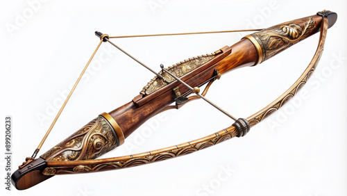 Ancient longbow isolated on white background, intricately carved with ornate wooden details, symbolizing medieval warfare and legacy of skilled bowmanship and precision.