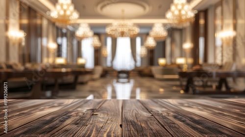 Elegant Interior Design with Wooden Table and Chandeliers