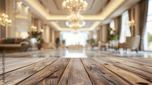 Rustic Wooden Table in Luxurious Hotel Lobby