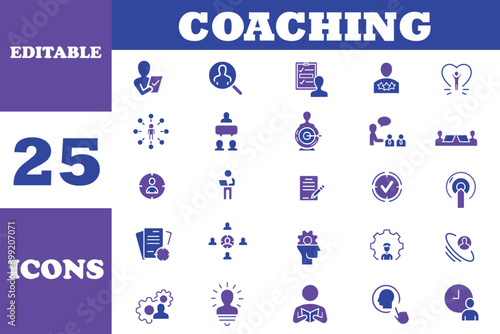 Training and Coaching minimal Editable Icons set. Coaching related icons: skills, lector, advise, support progress, coaching, business people training and tutorship. Vector illustration