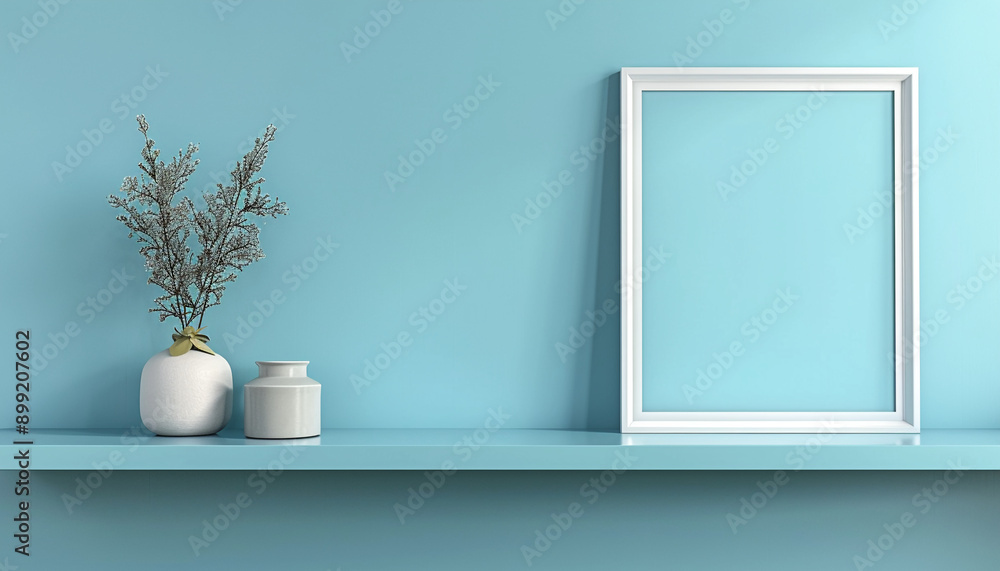 floating shelf with baby blue color wall with empty frame floating shelf with baby blue color wall with empty frame