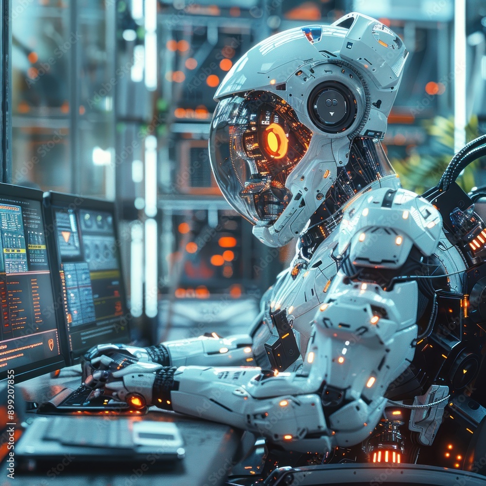 A cyborg sitting at a minimalist desk, surrounded by advanced technology Generated AI A cyborg sitting at a minimalist desk, surrounded by advanced technology Generated AI