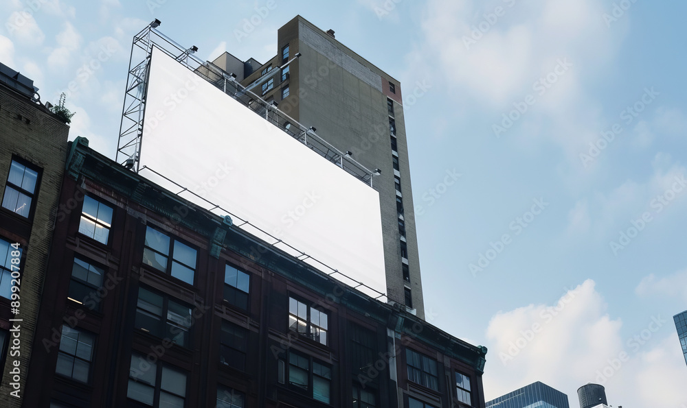 a wide white billboard on top of a building, in new york, mockup,generative ai a wide white billboard on top of a building, in new york, mockup,generative ai