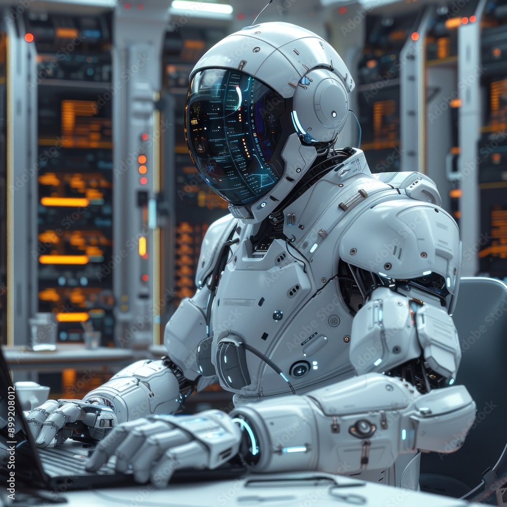 A cyborg sitting at a minimalist desk, surrounded by advanced technology Generated AI A cyborg sitting at a minimalist desk, surrounded by advanced technology Generated AI