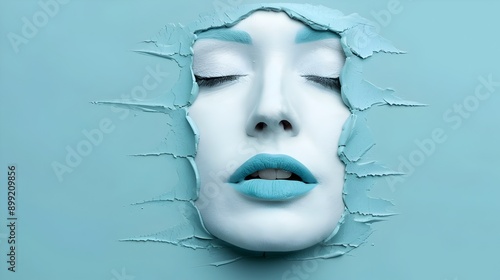 Wallpaper Mural Surreal Feminine Face in Blue Tones with Closed Eyes,Digital Portrait Torontodigital.ca