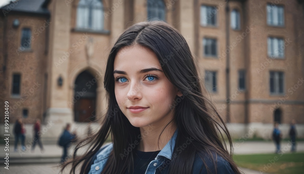 Fototapeta premium Portrait of a teenage girl against the backdrop of an educational campus