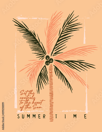 Stylized art of a coconut tree in a composition with lettering.