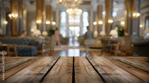 Rustic Wooden Table in a Grand Hotel Lobby