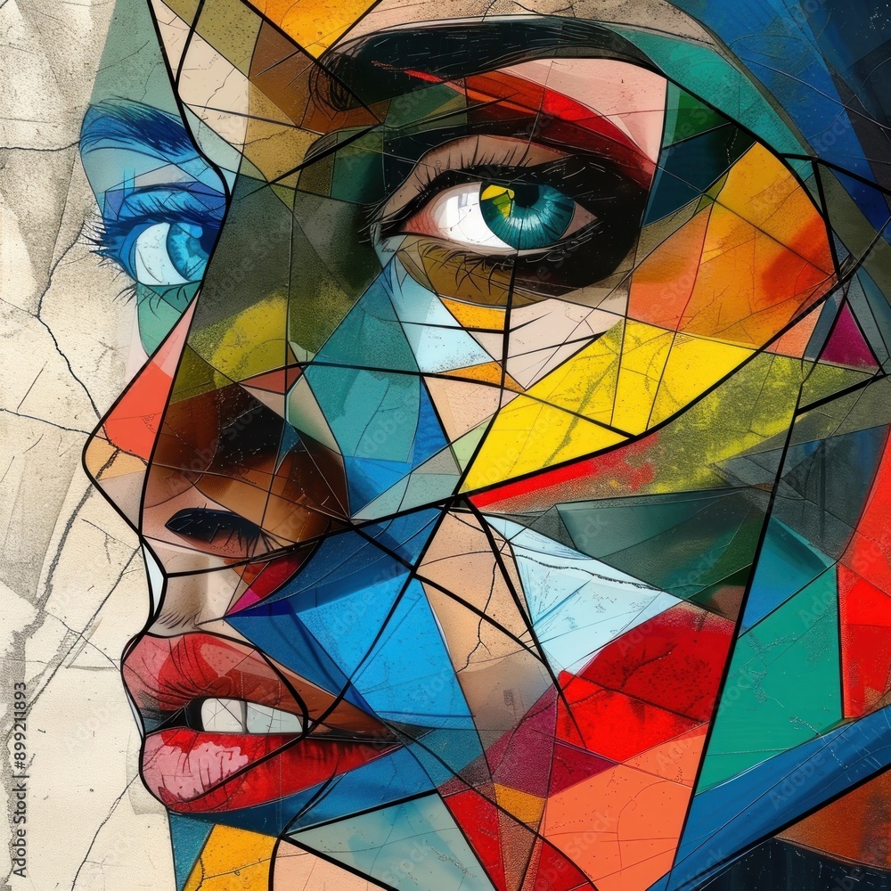 Fototapeta premium A distorted human face made of geometric shapes and lines, cubism By Generated AI