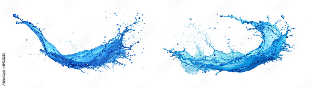 Obraz premium Bluewater swirls splash on a white background, an abstract liquid wave flowing in motion on a transparent background.