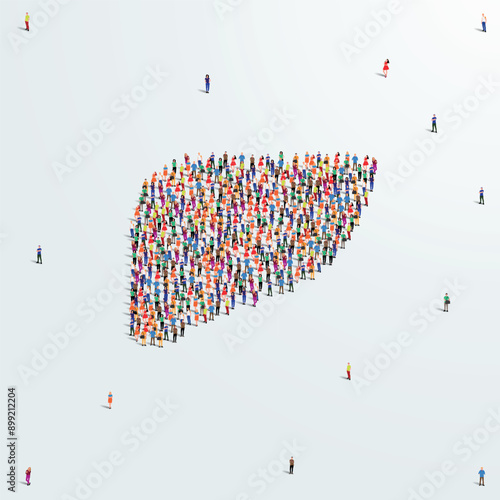 Liver concept. Organ donation day. A large group of people form to create a liver shape. People organ icon series. Vector illustration.