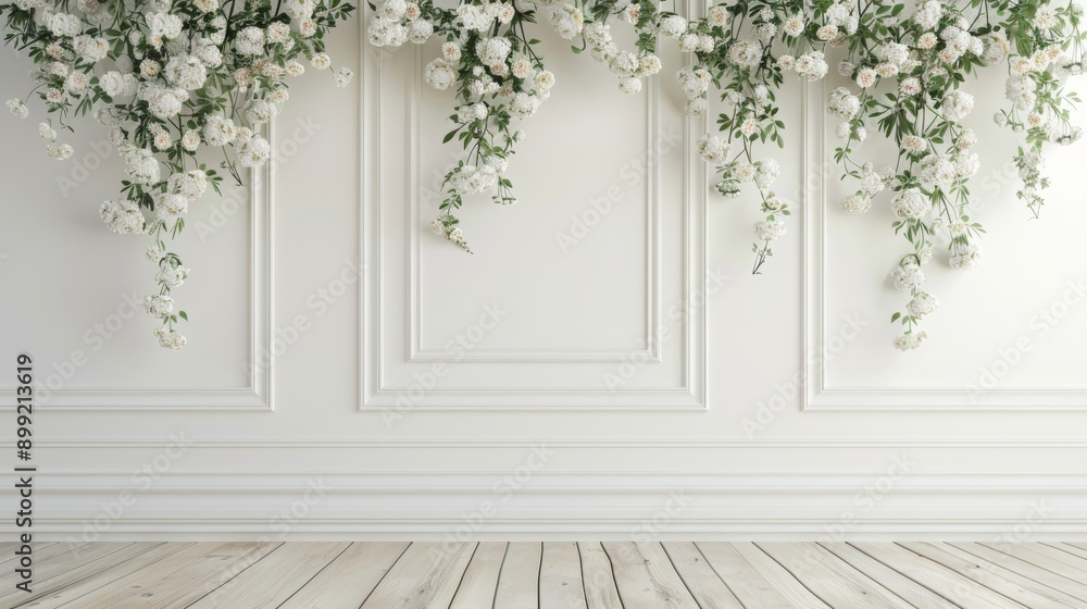 White Floral Wall with Wooden Floor