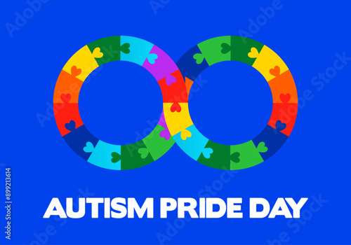 Autistic Pride Day. Colorful infinity puzzle vector isolated on blue background.