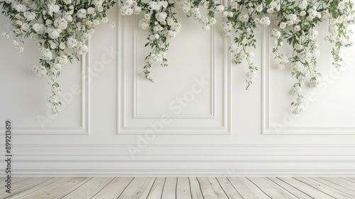 Obraz na płótnie White Floral Wall with Wooden Floor w salonie