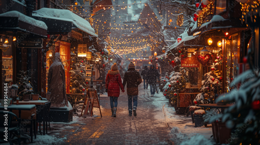 A charming scene of a couple walking hand in hand along a snowy Vancouver street,generative ai A charming scene of a couple walking hand in hand along a snowy Vancouver street,generative ai