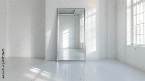 A Large Mirror Reflecting Sunlight in a White Room