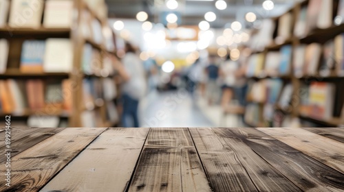 Wooden Tabletop with Blurred Bookshelf Background