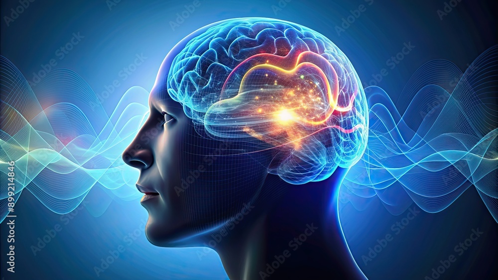 Close up of a human head silhouette with abstract brain waves, mind, intelligence, brain, cognitive Close up of a human head silhouette with abstract brain waves, mind, intelligence, brain, cognitive