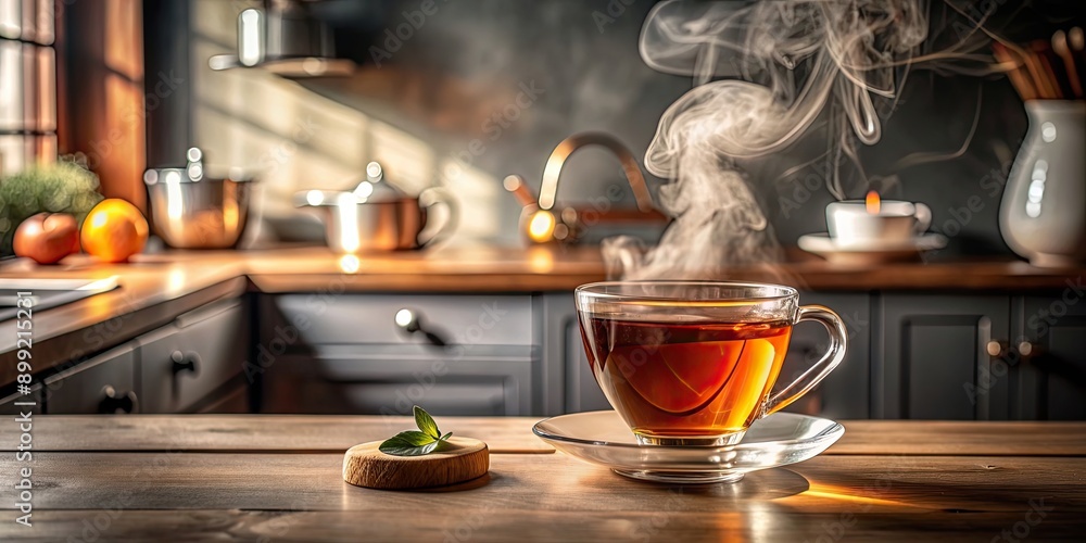 A cup of hot tea on a kitchen countertop, steam rising, cozy atmosphere, hot tea, kitchen, countertop, drink, refreshment, relaxation A cup of hot tea on a kitchen countertop, steam rising, cozy atmosphere, hot tea, kitchen, countertop, drink, refreshment, relaxation