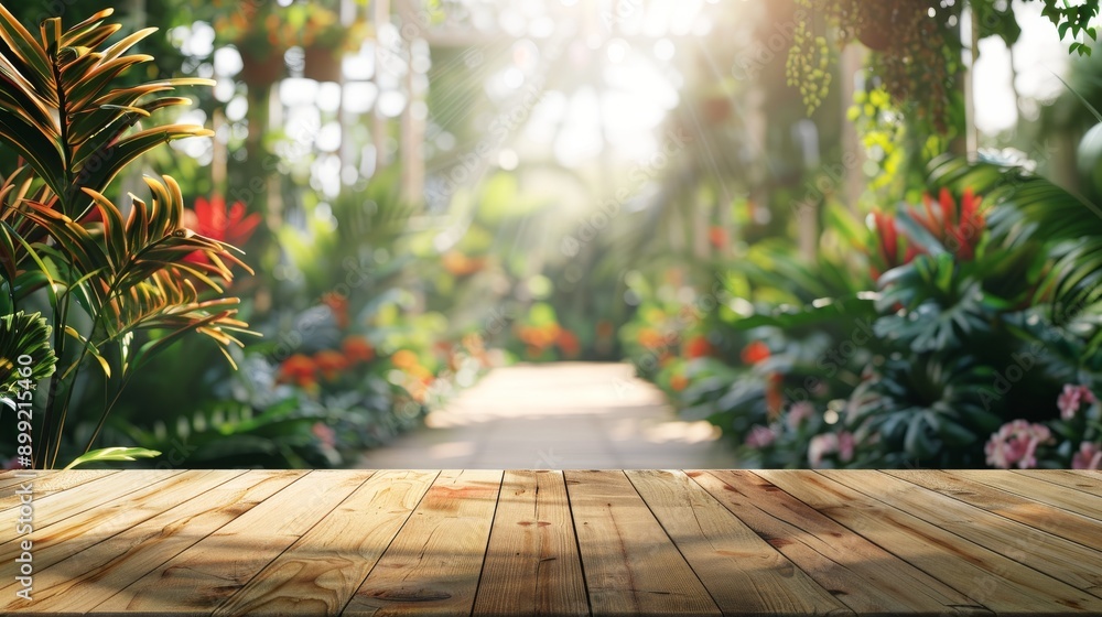 Wooden Tabletop with Tropical Garden Background Wooden Tabletop with Tropical Garden Background