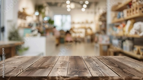 Rustic Wooden Tabletop with Blurred Shop Interior Background